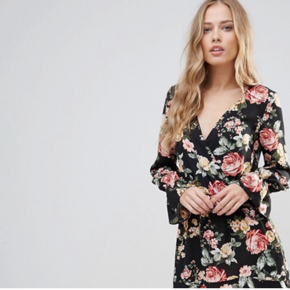 Oh My Love Floral Long Sleeve Wrap Dress